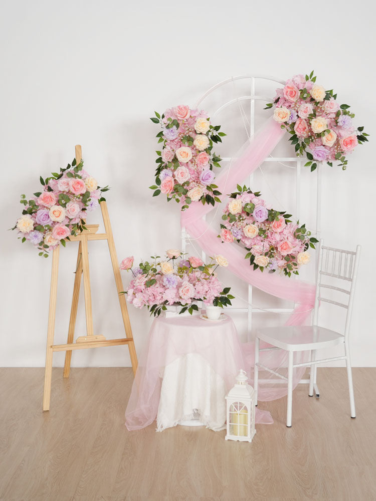 Uflower Artificial Pink Purple Rose Green Leaf Flower Row Wedding KT Backdrop Decor